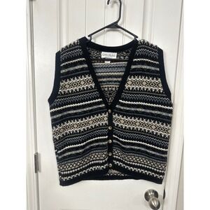 Carly Blake Womens XL Fair Isle Sweater Vest Black Tan Grey Button Front Knit